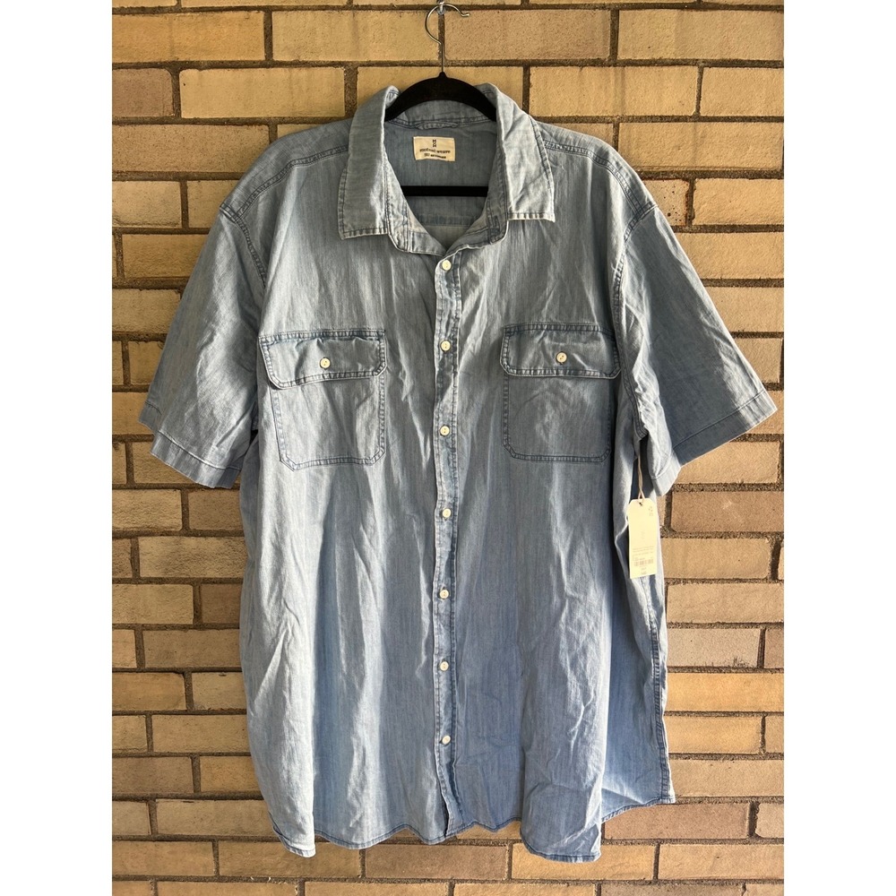 Mutual Weave Light Indigo Short Sleeve Button Down Shirt Size 2XLT XXL Tall Blue